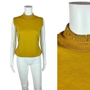 Vintage 50s Mockneck Top Women's Medium Mustard Yellow Rhinestones Sleeveless Sh
